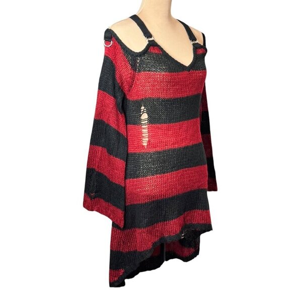 KILLSTAR Sweater Dress Sz.S  Red Black Knit Distressed Bell Sleeve Goth Punk - Picture 6 of 15